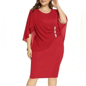 Hanna Nikole NWT Chiffon Ruffle Flattering Cape Sleeve Bodycon Pencil Dress